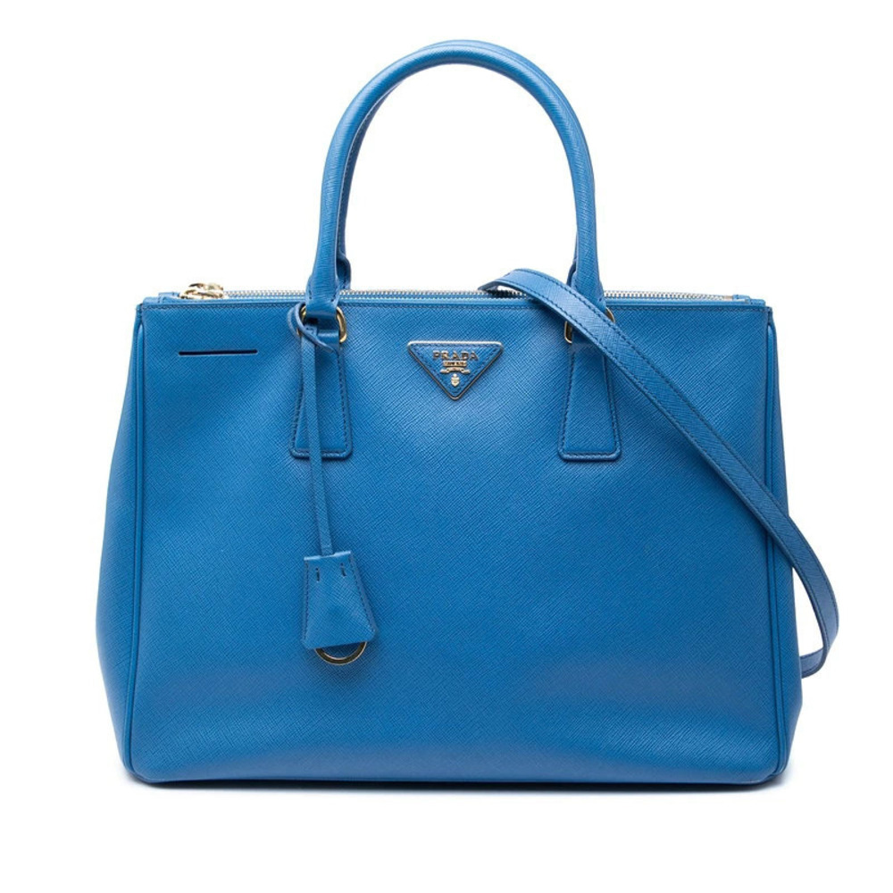 Prada Galleria Tote Bag Handbag Triangle Plate Blue Saffiano Leather